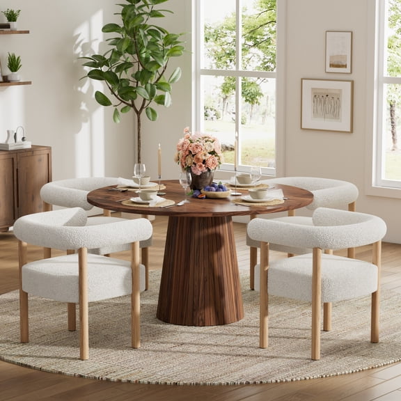 Katboc 47" Round MDF Dining Table Set with White 4/6 Teddy Fleece Chairs for Kitchen & Dining Room