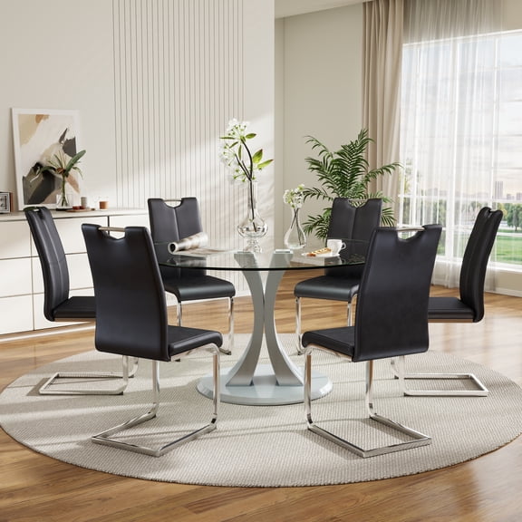 Katboc 47in Round Glass Dining Table and 6 Upholstered Chairs Set, Modern Kitchen Table with Aluminum Base & Faux Leather Seats, for Small Space Dining Room, Silver