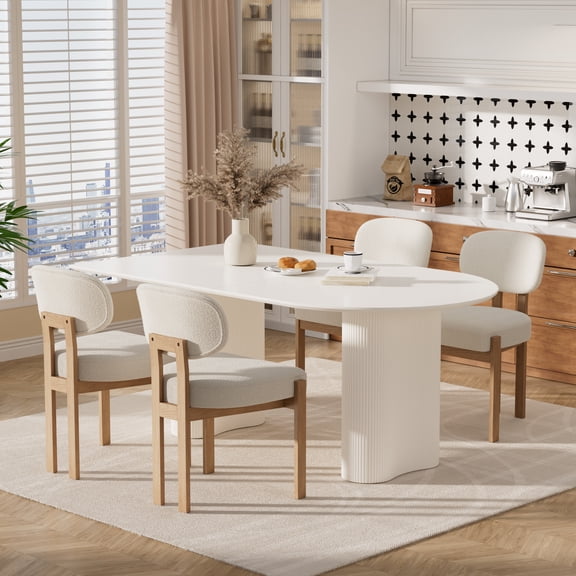 Katboc 63in Dining Table with 4 Upholstered Chairs, Modern 4-8 Person Kitchen Set, Thick Wave Legs and Farmhouse Design for Home Dining Room, Cream and Beige