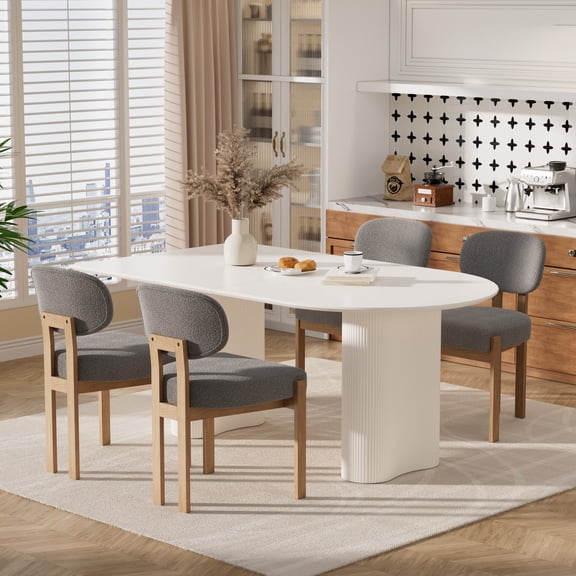Katboc 63in Dining Table with 4 Upholstered Chairs, Modern 4-8 Person Kitchen Set, Thick Wave Legs and Farmhouse Design for Home Dining Room, Cream and Gray