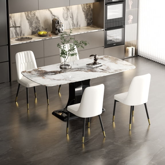 Katboc 63in Rectangular Dining Table, Faux Marble Texture MDF Kitchen Table for 4-6 People, Dining Room & Apartment