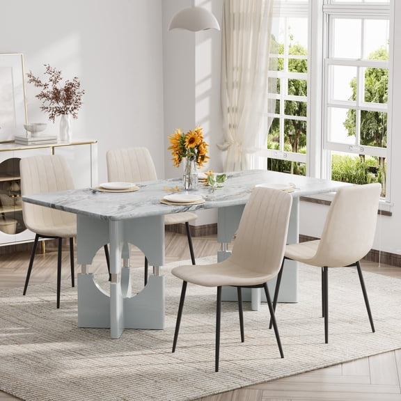 Katboc 71in Marble Pattern MDF Dining Table Set with 4/6 Velvet Chairs, Sleek Hollow-Out Frame for Kitchen, Dining Room & Apartment
