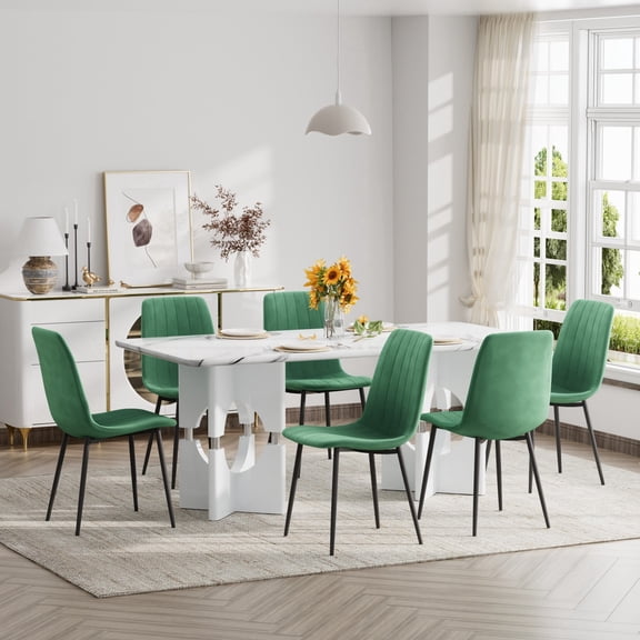 Katboc 71in Marble Pattern MDF Dining Table Set with 4/6 Velvet Chairs, Sleek Hollow-Out Frame for Kitchen, Dining Room & Apartment