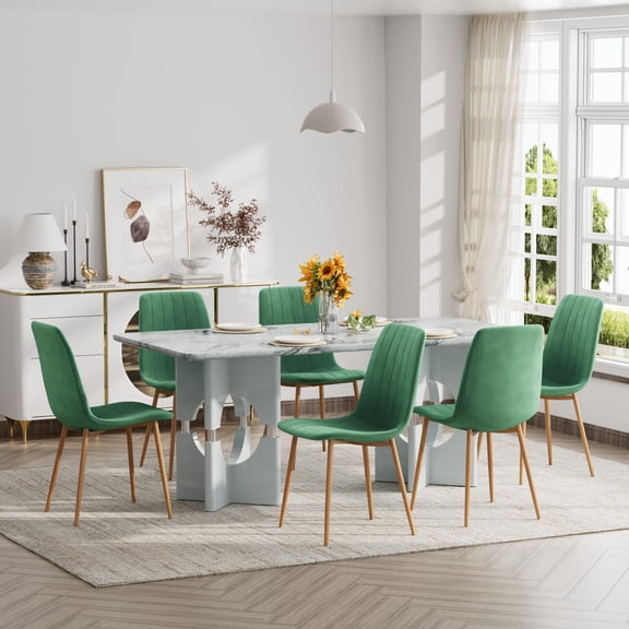 Katboc 71in Marble Pattern MDF Dining Table Set with 4/6 Velvet Chairs, Sleek Hollow-Out Frame for Kitchen, Dining Room & Apartment