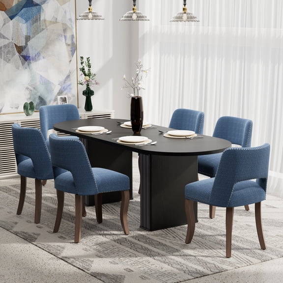 Katboc Extendable Dining Table and 4 Chairs Set, Oval Kitchen Table for 4-8 People with Rubberwood Legs & Fabric Upholstered Seats, Modern Farmhouse Dining Set for Kitchen/Dining Room, Blue