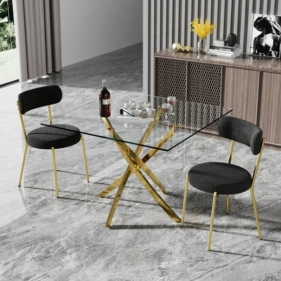 Katboc Modern 3-Piece Dining Set, 36in Square Tempered Glass Table with Cross Metal Legs, 2 Teddy Velvet Chairs, Space Saving for Living Room, Kitchen, Black1