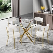 Katboc Modern 5-Piece Dining Set, 36in Square Tempered Glass Table with Cross Metal Legs, 4 Teddy Velvet Chairs, Space Saving for Living Room, Kitchen, White1