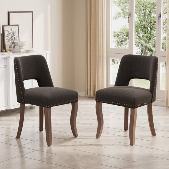 Katboc Modern Dining Chairs Set of 2, Farmhouse Fabric Upholstered Kitchen Chairs with Rubberwood Legs, Curved Backrest & Copper Nails, for Dining Room Kitchen, Black