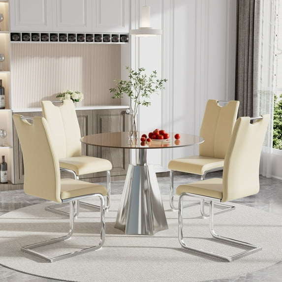 Katboc Modern Dining Table and 4Pcs Chairs Set, 35in Black Glass Top, Silver Flared Base & Faux Leather Seats, Compact for Small Kitchen, Living Room, Dining Area, Yellow