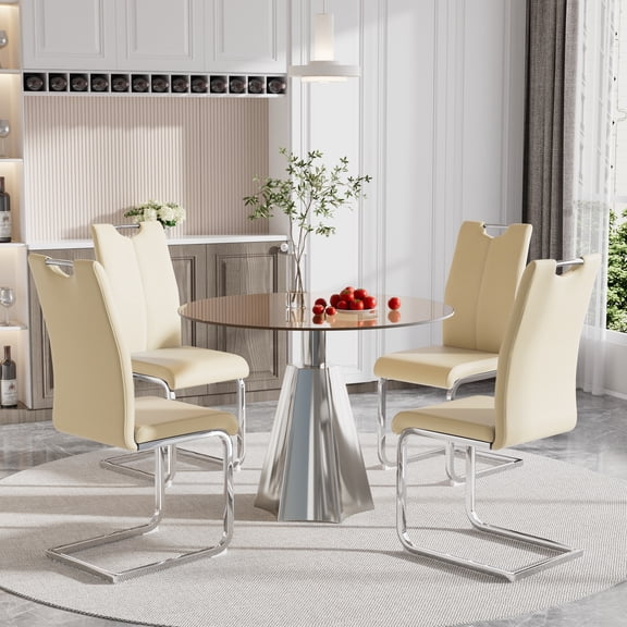 Katboc Modern Dining Table and 4Pcs Chairs Set, 35in Black Glass Top, Silver Flared Base & Faux Leather Seats, Compact for Small Kitchen, Living Room, Dining Area, Yellow