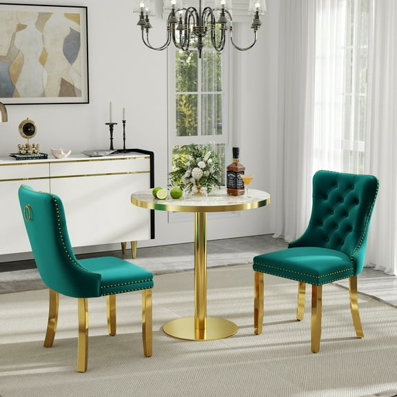 Katboc Modern Dining Table and Chairs Set, 31.5in Round Bistro Table with 2 Faux Marble Top & Velvet Upholstered Chairs, Gold Legs, Sturdy Metal Frame, for Small Space Kitchen Dining Room, Green