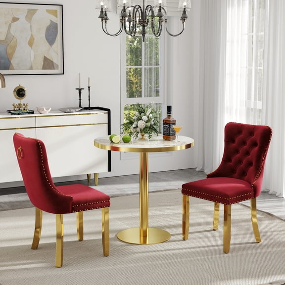 Katboc Modern Dining Table and Chairs Set, 31.5in Round Bistro Table with 2 Faux Marble Top & Velvet Upholstered Chairs, Gold Legs,Sturdy Metal Frame, for Small Space Kitchen Dining Room, Red