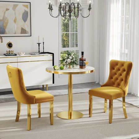 Katboc Modern Dining Table and Chairs Set, 31.5in Round Bistro Table with 2 Faux Marble Top & Velvet Upholstered Chairs, Gold Legs,Sturdy Metal Frame, for Small Space Kitchen Dining Room, Yellow