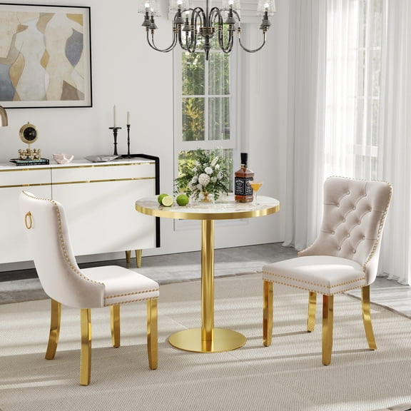Katboc Modern Dining Table and Chairs Set, 31.5in Round Bistro Table with 2 Faux Marble Top & Velvet Upholstered Chairs, Gold Legs, Sturdy Metal Frame, for Small Space Kitchen Dining Room, Beige