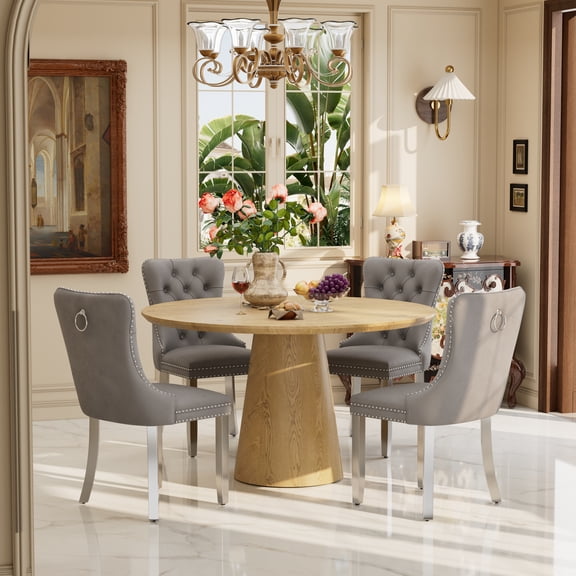 Katboc Modern Dining Table and Chairs Set, 43in Round MDF Wood Grain Table with 4 Velvet Upholstered Chairs, Stainless Steel Legs and Nailhead Trim, Minimalist for Dining Room, Brown and Green