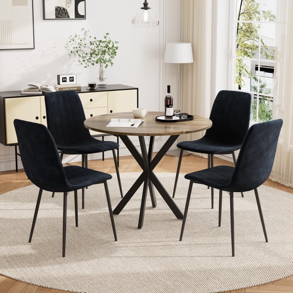 Katboc Modern Dining Table Set, 31.5in Round Table & 4 Velvet Chairs, Industrial Metal Legs Compact for Small Spaces,LivingRoom, Black