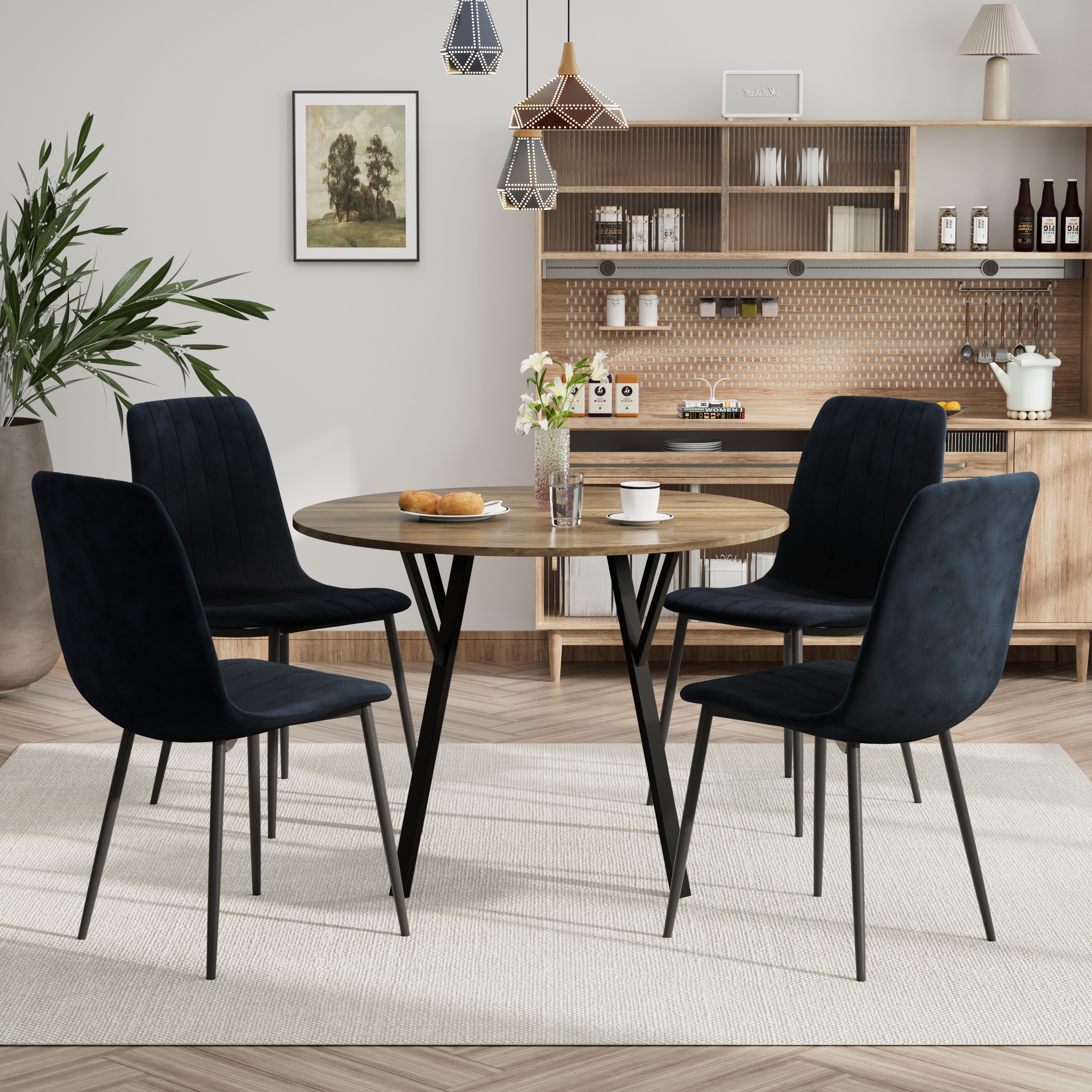 Katboc Modern Dining Table Set, 35.43in Round Table & 4 Velvet Chairs ...