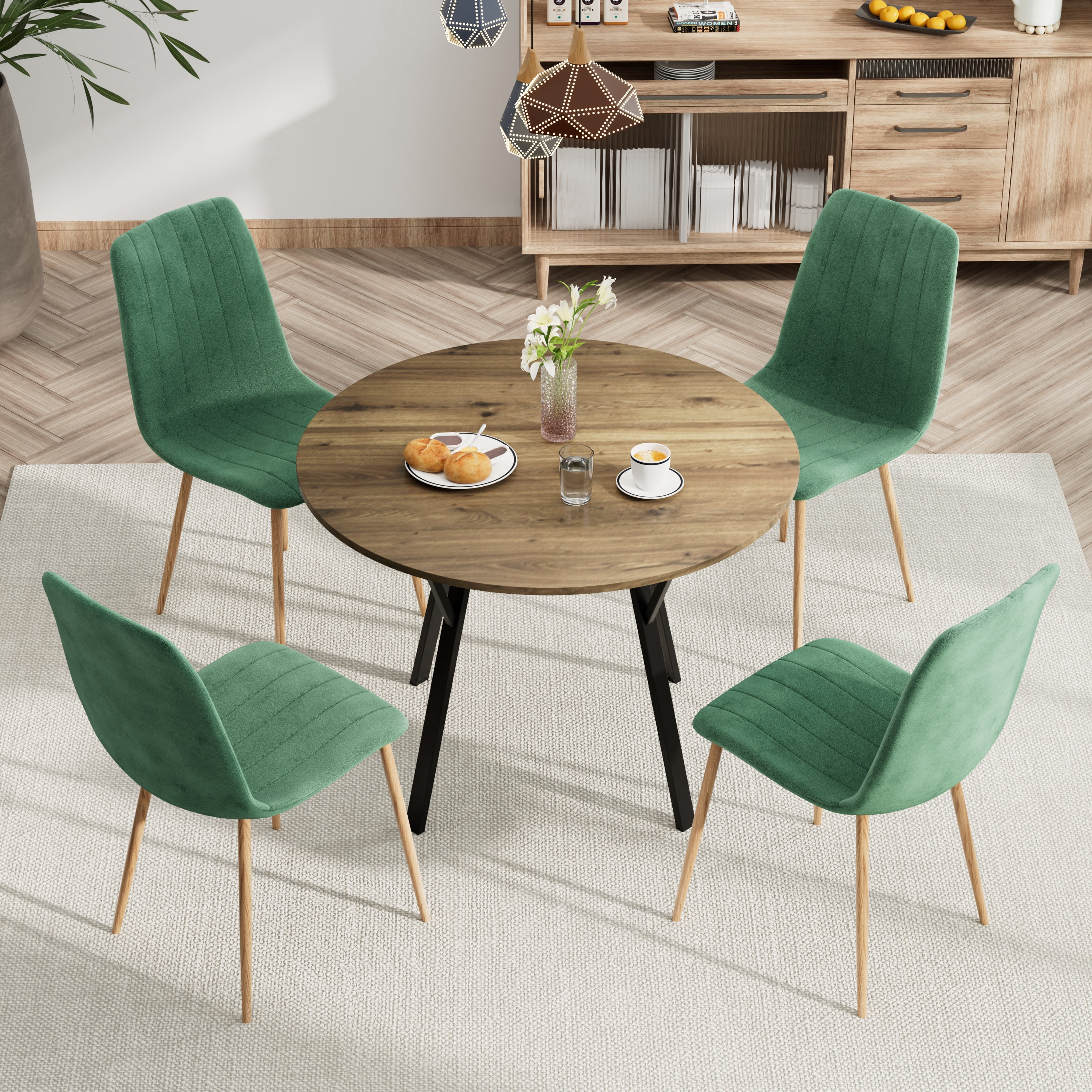 Katboc Modern Dining Table Set, 35.43in Round Table & 4 Velvet Chairs ...