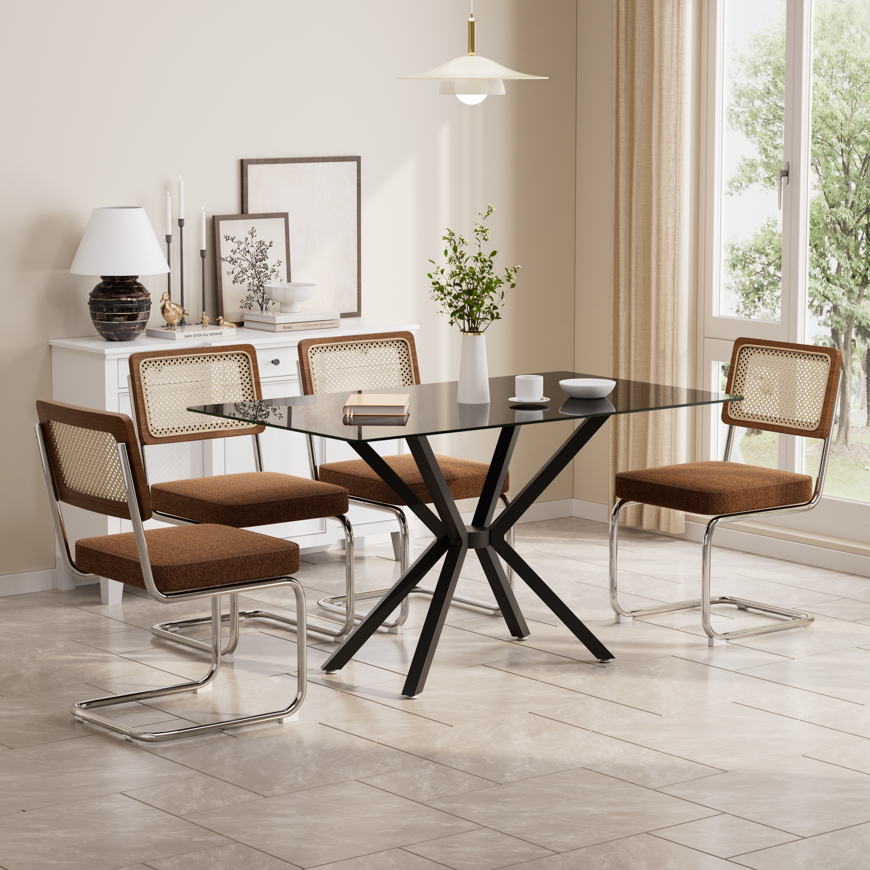 Katboc Modern Dining Table Set, 47in Rectangular Tempered Glass Top ...