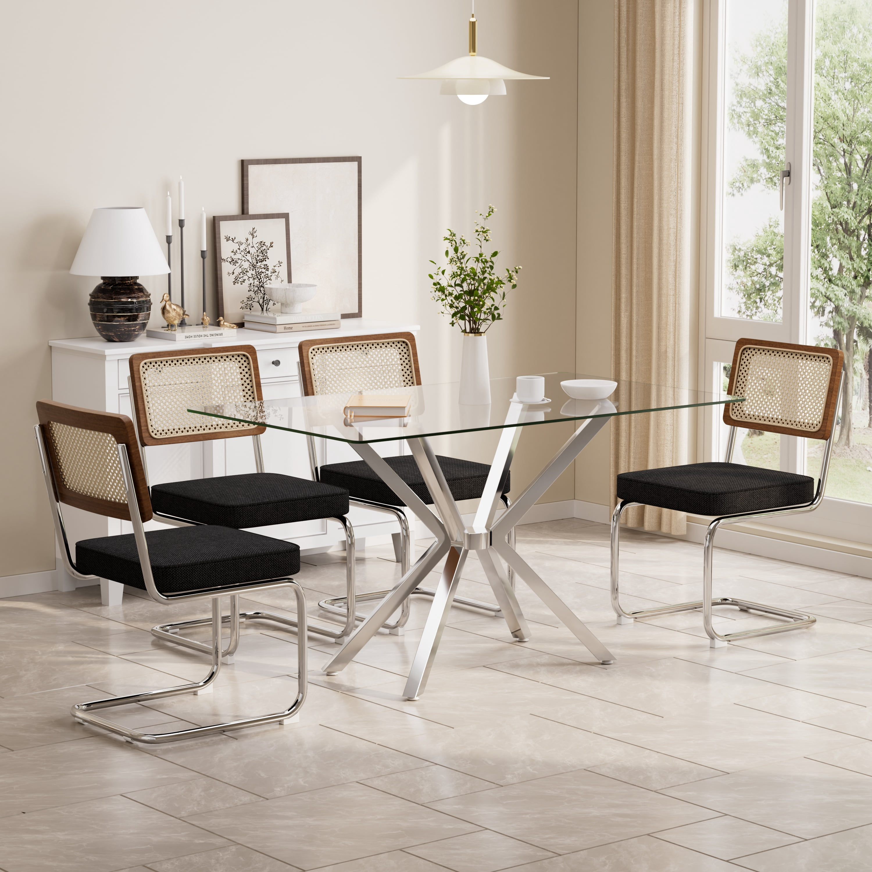 Katboc Modern Dining Table Set, 47in Rectangular Tempered Glass Top ...
