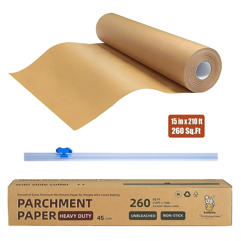Katbite Unbleached Parchment Paper Roll for Baking, 15 in x 210 ft, 260  Sq.Ft,Brown