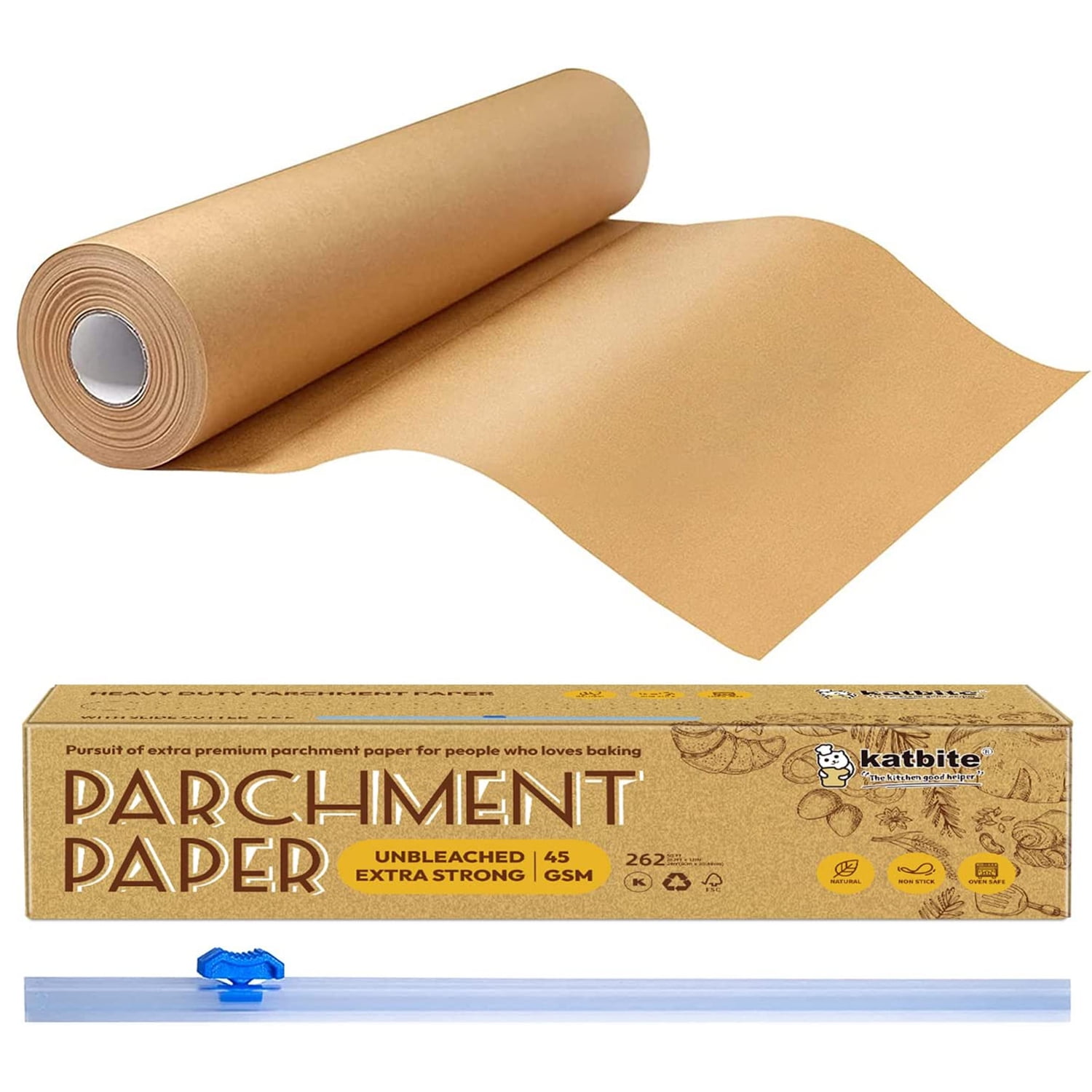 Katbtie Unbleached Parchment Paper Roll with Slide Cutterfor Baking 12in x  262ft, 260 Sq.Ft,Brown 