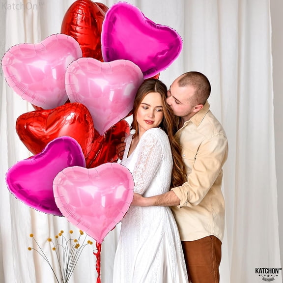 KatchOn, 12pcs Heart Shaped Foil Balloons, Red & Hot Pink, Valentine's Day Decor, I Love You Balloons