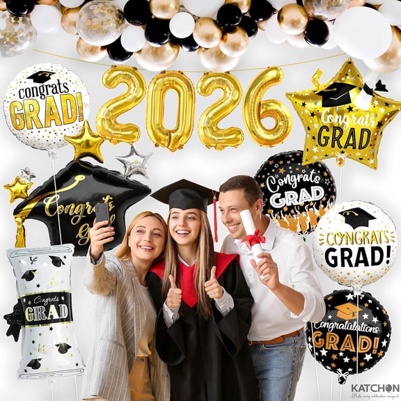 KatchOn, 2026 Graduation Balloons Set - Pack 11 | Big, 28 Inch, Grad Cap Balloon | Gold 2026 Balloons, Graduation Decorations 2026, Class of 2026 Decorations | Congrats Grad Balloon, Grad Party Decor