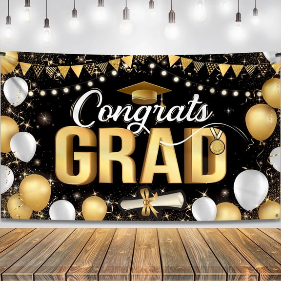 KatchOn, Black and Gold Congrats Grad Banner - XtraLarge, 72x44 Inch | Congrats Grad Backdrop for Grad Decorations Class of 2026 | Graduation Banner | Graduation Decorations 2026