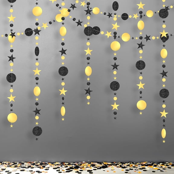 KatchOn, Black and Gold Star Garlands- 42 Feet, Pack of 3 | Pre-Strung, Star Garland for Graduation Decorations 2026, Black and Gold Party Decorations | Graduation Garland for Gold Streamers Party