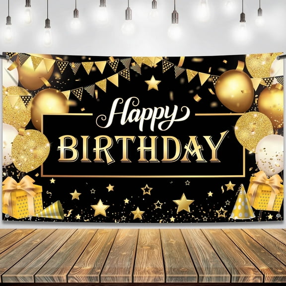 KatchOn, Black and Gold Happy Birthday Banner - Large 72x44 Inch | Black and Gold Birthday Banner | Black and Gold Birthday Backdrop