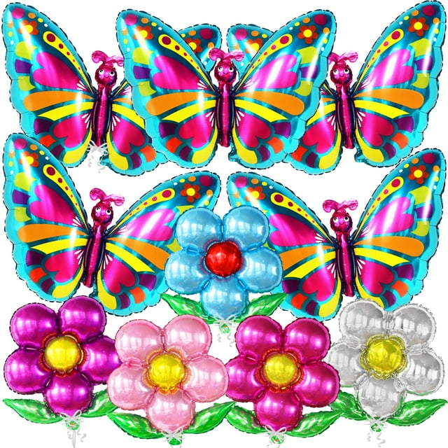 KatchOn, Colorful Butterfly FEV6 and Flower Balloons Set - Pack Large Mylar Balloons Flower | Butterfly and Flower Themed Birthday Decorations for Kids Party | Flower Balloons | Spring Balloons