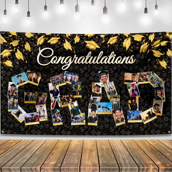 KatchOn, Congratulations Graduation Photo Banner - Xtralarge, 72x44 Inch | Personalized Grad Photo Banner | Black and Gold Congratulations Grad Backdrop | Graduation Decorations 2026