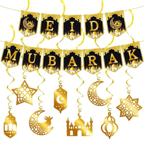 KatchOn, Eid Mubarak Banner with Hanging Swirls - Pack of 17 | Pre Strung, Eid Mubarak Garland for Eid Mubarak Decorations | Eid Decorations for Home | Gold Eid Mubarak Hanging Swirls with Cutouts
