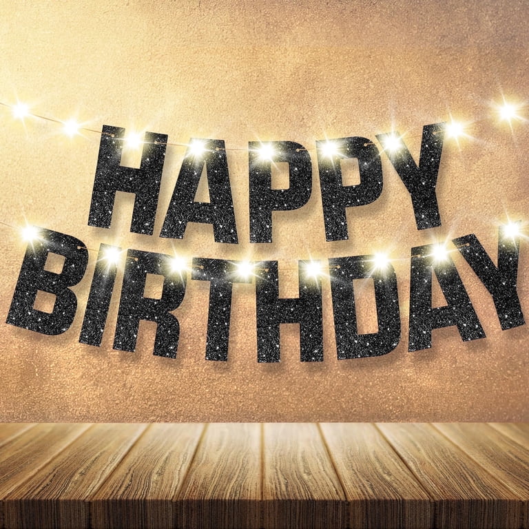 Glitter Black Happy Birthday Banner - 10 Ft Pre-Strung, Backdrop Sign For Men, Women, Adults