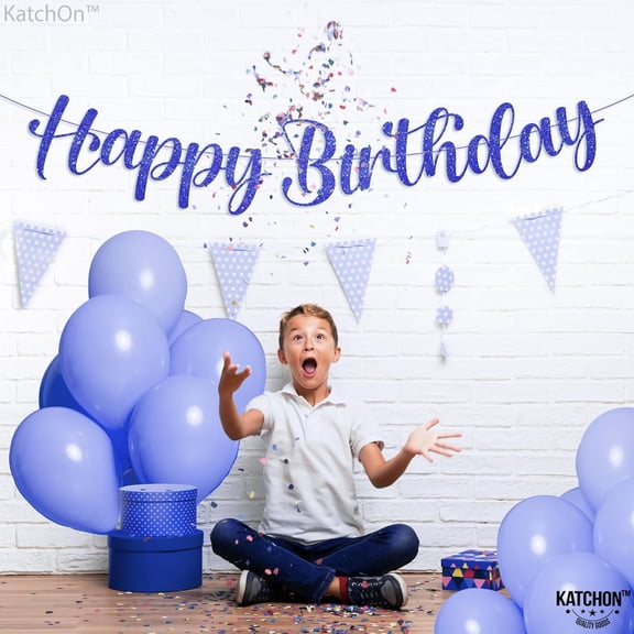 KatchOn, Glitter Blue Happy Birthday Banner - Pre-Strung, 10 Feet | Blue Happy Birthday Sign for Backdrop | Banner for blue birthday Decorations
