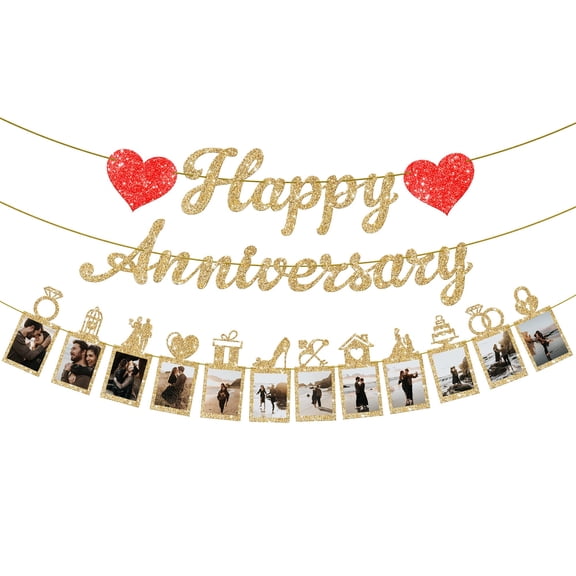 KatchOn, Glitter Happy Anniversary Photo Banner - 10 Feet, 2 Strings | Happy Anniversary Banner, Happy Anniversary Decorations | Wedding Anniversary Banner, Happy Gold 2 Year Anniversary Decorations