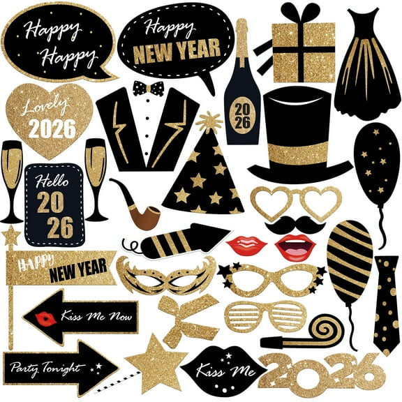KatchOn, Glitter New Years Photo Booth Props 2026 - Pack of 32 | Photo Booth Props 2026, Happy New Years Decorations 2026 | Photo Props 2026, New Years Eve Party Supplies 2026