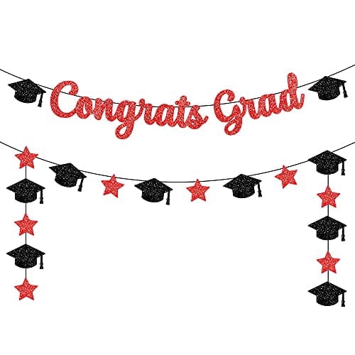 KatchOn, Glitter Red Congrats Grad Banner - 10 Feet, No DIY | Black and Red Graduation Banner with Cap Graduation Garland, Graduation Decorations 2026 | 2026 Graduation Party Decoration