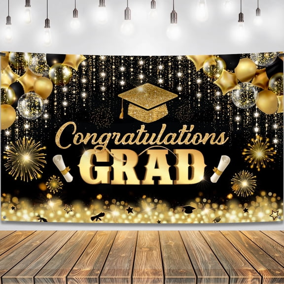 KatchOn, Graduation Backdrop - 72x12 Inch | graduation banner Congrats Grad Banner Black and Gold Congratulations Banner | Graduation Decorations 2026