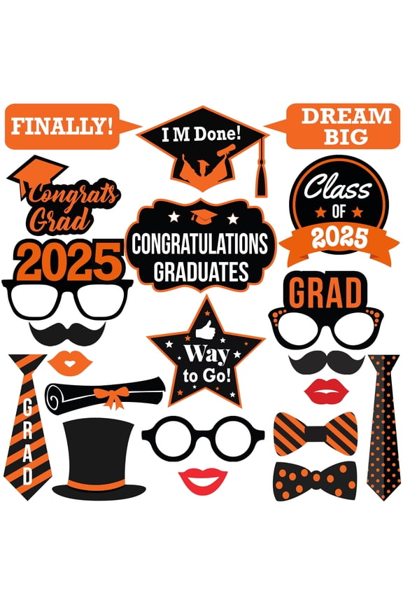 , Graduation Photo Booth Props - Pack of 34 | Orange and Black Grad Photo Props for Grad Decor | Grad Photo Props 2026 | Graduation Decorations 2026