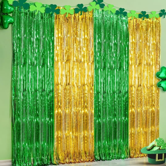 KatchOn, Green and Gold Foil Fringe Curtains - 6.5x6.5 Feet | St Patricks Day Backdrop for St Patricks Day Decorations