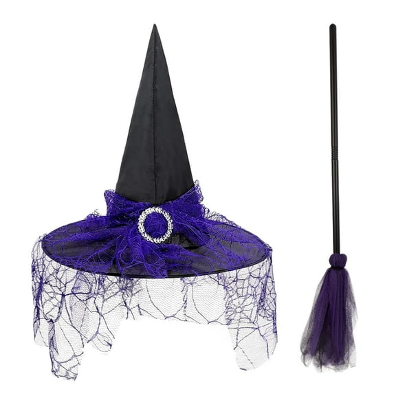 KatchOn, Halloween Purple Witch Hat And Broom - Large Witch Hat Women | Witch Broomstick Adult | Witch Accessories for Women