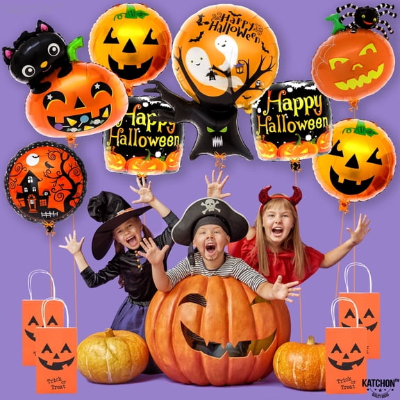 KatchOn, Happy Halloween Balloons Set - Large, Pack of 8 | Ghost Tree Balloon, 38 Inch | Pumpkin Balloons for Halloween Decorations Outdoor | Halloween Foil Balloons for Halloween Party Supplies