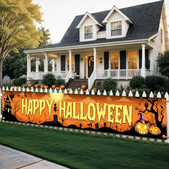 KatchOn, Happy Halloween Banner for Outdoor - 120x20 Inch | Orange and Black Happy Halloween Yard Banner | Happy Halloween Yard Sign for Halloween Yard Decorations | Halloween Banners for Outside