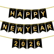 Katchon, Glitter Happy New Year Banner Black-Extralarge-10 Feet,No DIY,2 Strings, New Years Banner for New Years Decorations 2026 | Black Happy New Year Eve Party Supplies 2026 | Nye Decorations 2026