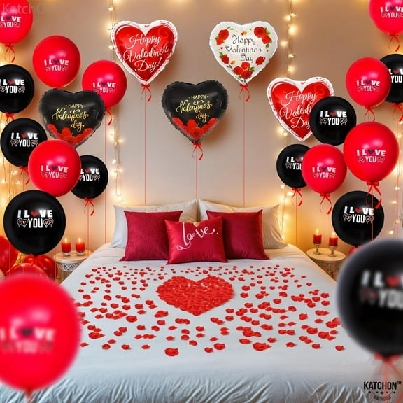 KatchOn, Happy Valentines Day Balloons - Big, Pack of 26 | Black and Red Heart Shaped Balloons for Valentines Day Decorations | Heart Balloons, Valentines Balloons, Romantic Decorations Special Night
