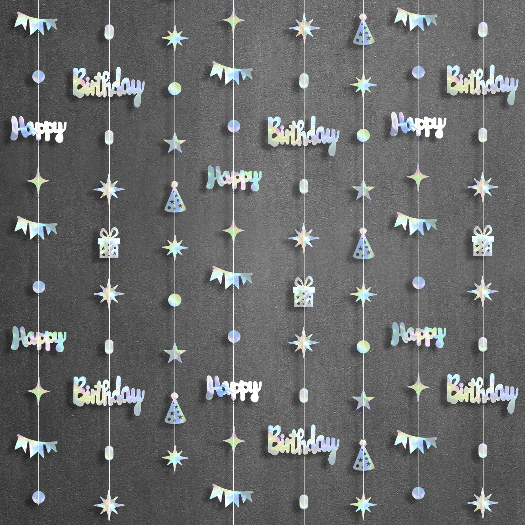 KatchOn, Iridescent Happy Birthday Garland Banner - 6.5 Feet, Pack of 8 No DIY | Birthday Garland Decorations | Silver Happy Birthday Backdrop, Happy Birthday Banner for Happy Birthday Decorations