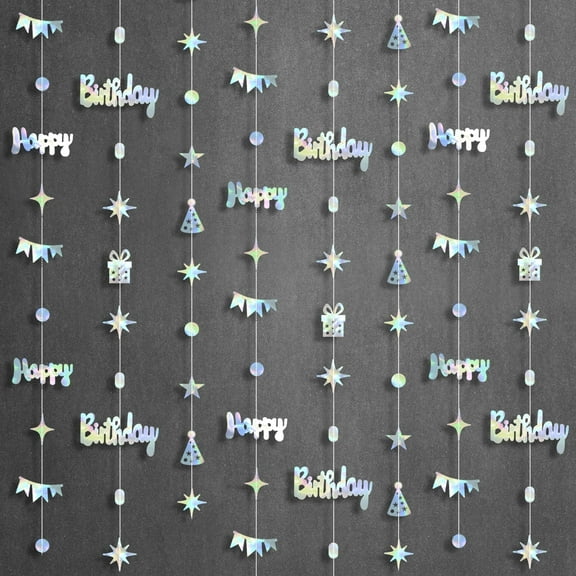 KatchOn, Iridescent Happy Birthday Garland Banner - 6.5 Feet, Pack of 8 No DIY | Birthday Garland Decorations | Silver Happy Birthday Backdrop, Happy Birthday Banner for Happy Birthday Decorations