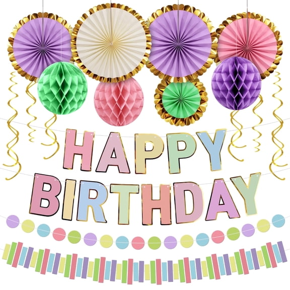 KatchOn, Macaron Birthday Decorations Set - Pack of 18 | Pastel Happy Birthday Decorations | Pastel Happy Birthday Banner with Birthday Honeycombs